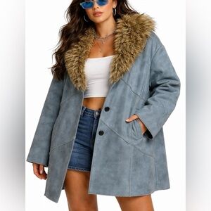 Y2K Faux Suede Coat Icy Blue Faux Fur Trim Penny Lane Jacket Vintage Excelled 3X